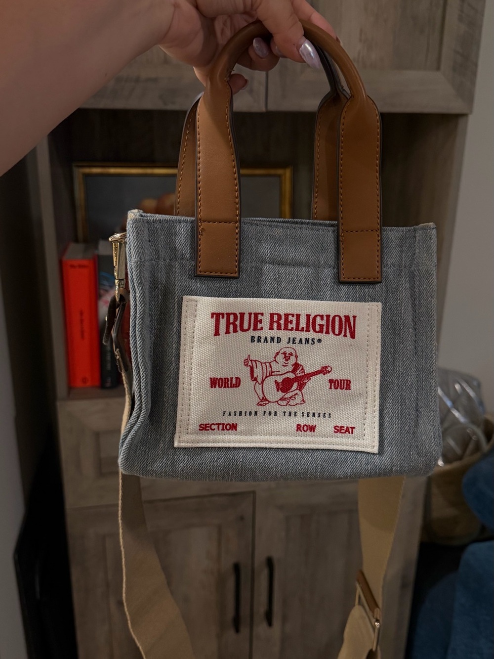 True Religion Light Blue Denim Mini Tote with Tan Leather Handles